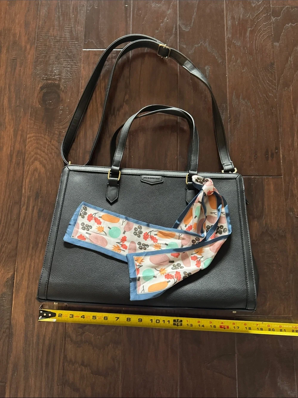 Black Structured Laptop Tote with Floral Accent Scarf